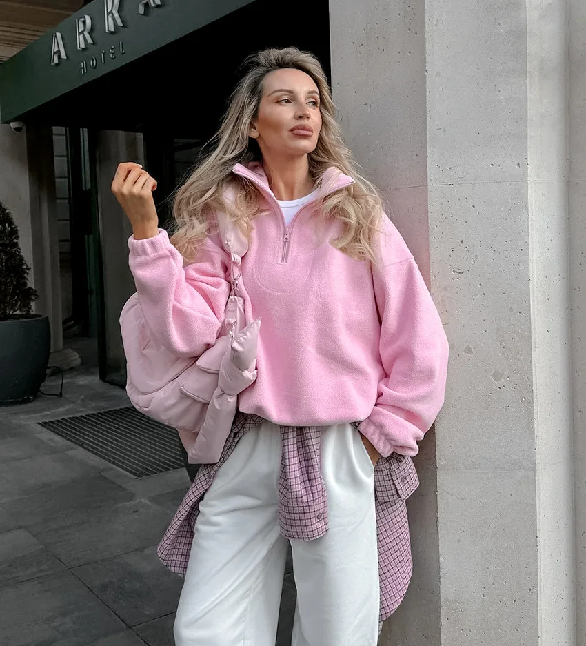Casual Pink Fleece Sweatshirt Women Zipper Lapel Long Sleeve Loose Pullover Hoodie Autumn Winter Solid Warm Daily Commute Tops