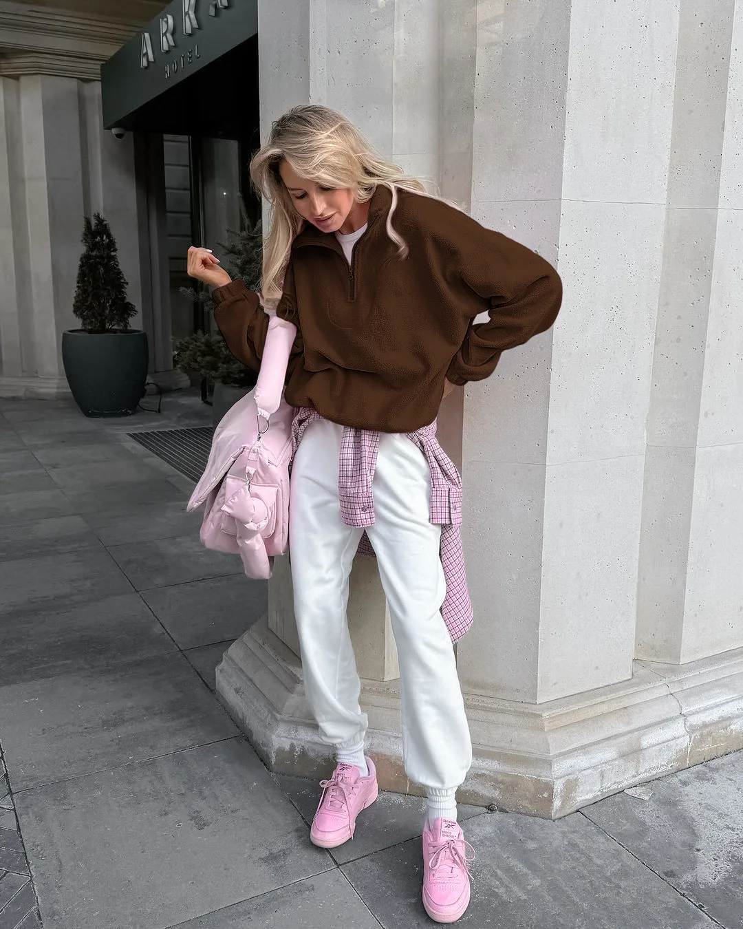 Casual Pink Fleece Sweatshirt Women Zipper Lapel Long Sleeve Loose Pullover Hoodie Autumn Winter Solid Warm Daily Commute Tops