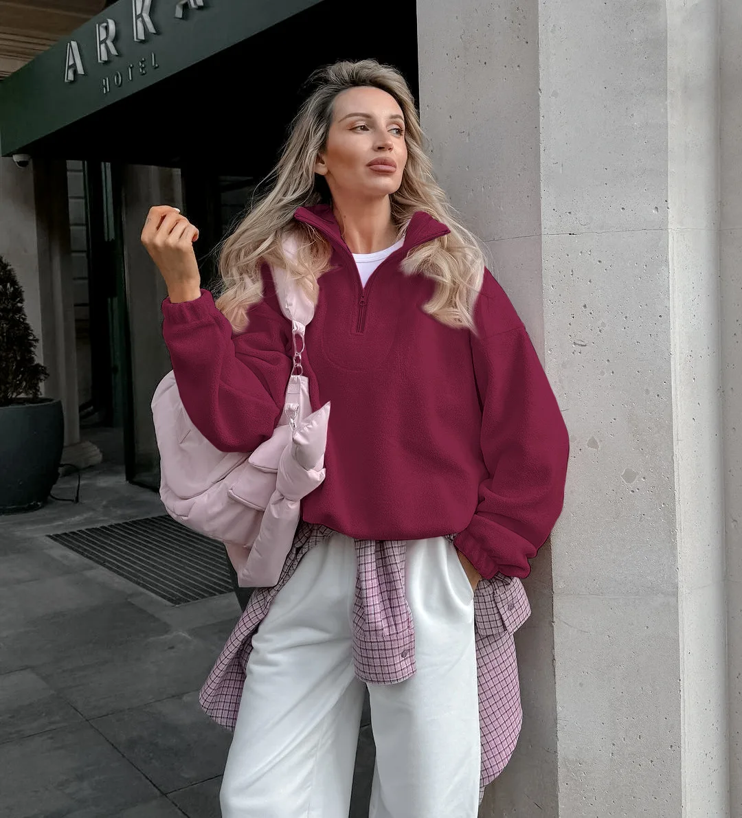 Casual Pink Fleece Sweatshirt Women Zipper Lapel Long Sleeve Loose Pullover Hoodie Autumn Winter Solid Warm Daily Commute Tops