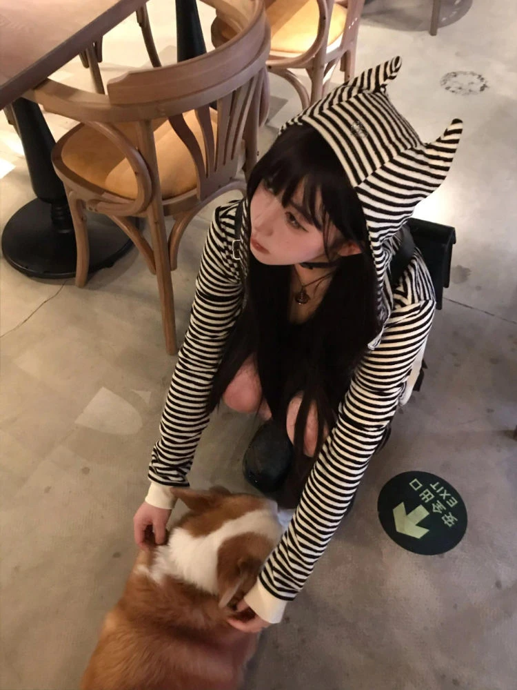 Vintage Sexy Stripe Loose Harajuku Devil's Cape Hooded Hoodies Women Diamond Hoody Y2k Aesthetic Grunge Zipper Sweatshirt Tops