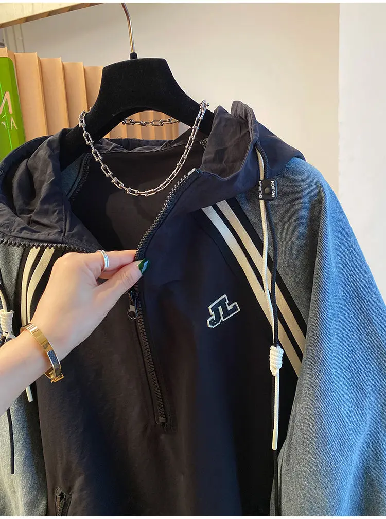 Oversized Sweatshirts for Women Patchwork Denim Streetwear Y2k Tops 2025 Ropa Mujer Hooded Contrast Color Vintage Hoodies 27u340