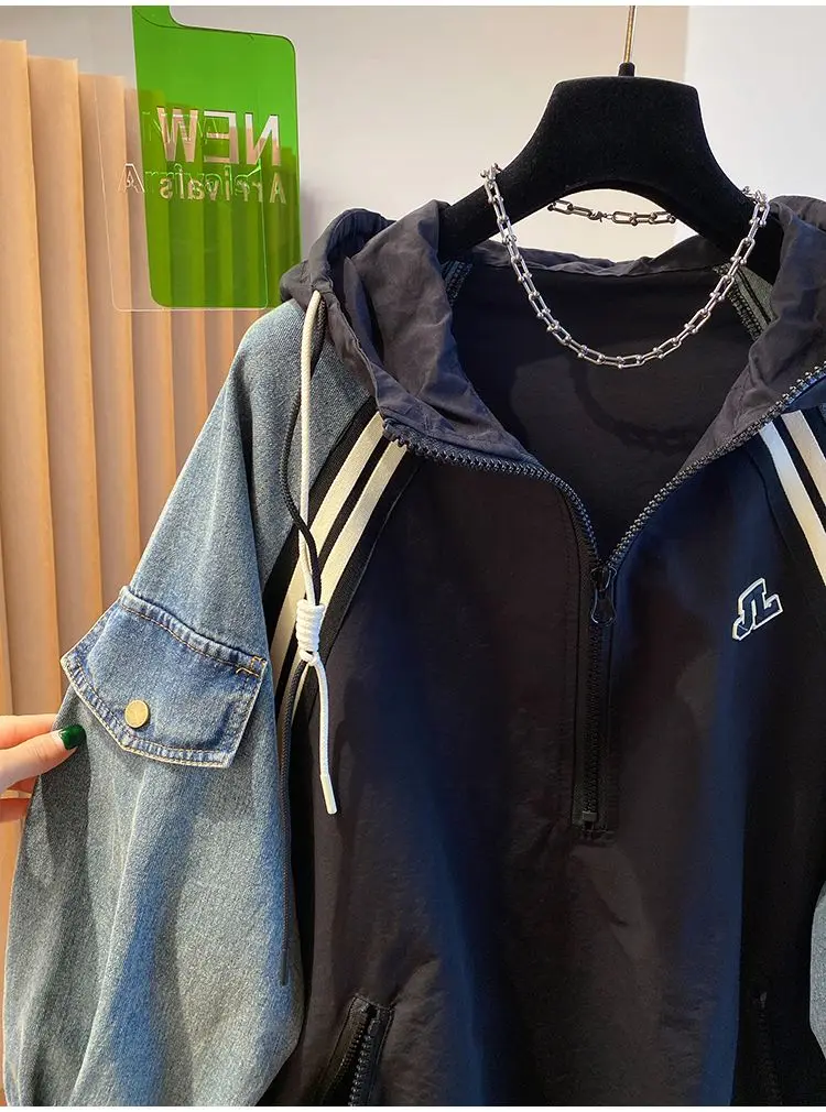 Oversized Sweatshirts for Women Patchwork Denim Streetwear Y2k Tops 2025 Ropa Mujer Hooded Contrast Color Vintage Hoodies 27u340