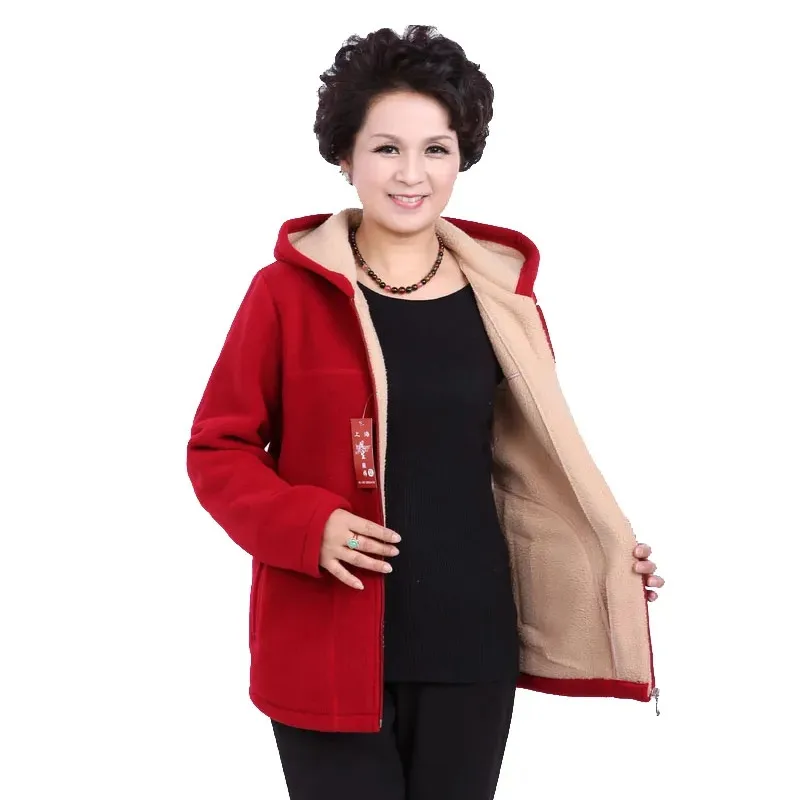 Autumn Women Fleece Jacket 2026 New Grandma Velvet Hooded Sweatshirt Cotton Warm Winter Jacket Coat Female Tops Basic Coats 5XL