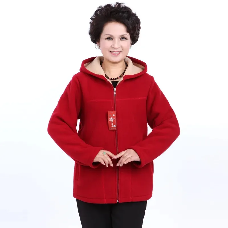 Autumn Women Fleece Jacket 2026 New Grandma Velvet Hooded Sweatshirt Cotton Warm Winter Jacket Coat Female Tops Basic Coats 5XL