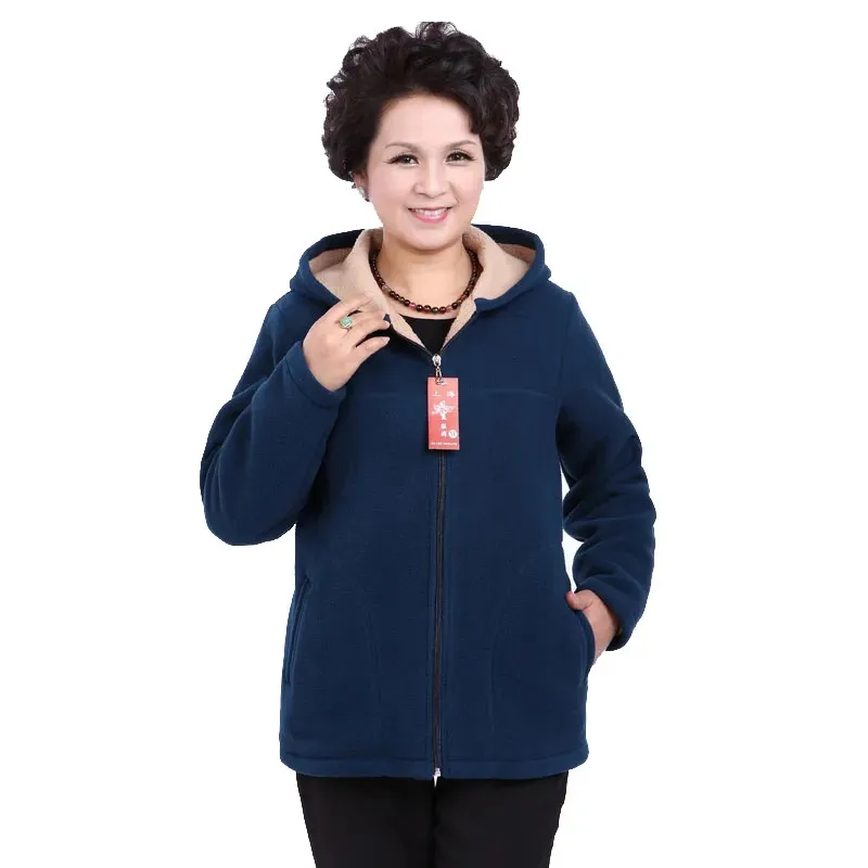 Autumn Women Fleece Jacket 2026 New Grandma Velvet Hooded Sweatshirt Cotton Warm Winter Jacket Coat Female Tops Basic Coats 5XL