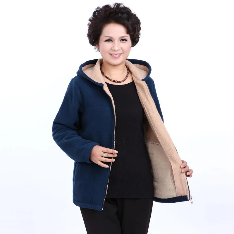 Autumn Women Fleece Jacket 2026 New Grandma Velvet Hooded Sweatshirt Cotton Warm Winter Jacket Coat Female Tops Basic Coats 5XL
