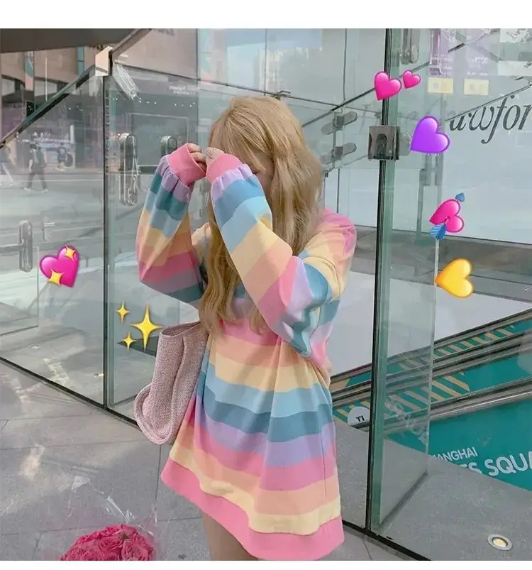Women's Rainbow Striped Long-Sleeve Hoodless Jacket Harajuku Style Korean Version Loose Thin Shirt for Female Students