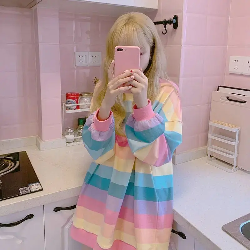 Women's Rainbow Striped Long-Sleeve Hoodless Jacket Harajuku Style Korean Version Loose Thin Shirt for Female Students