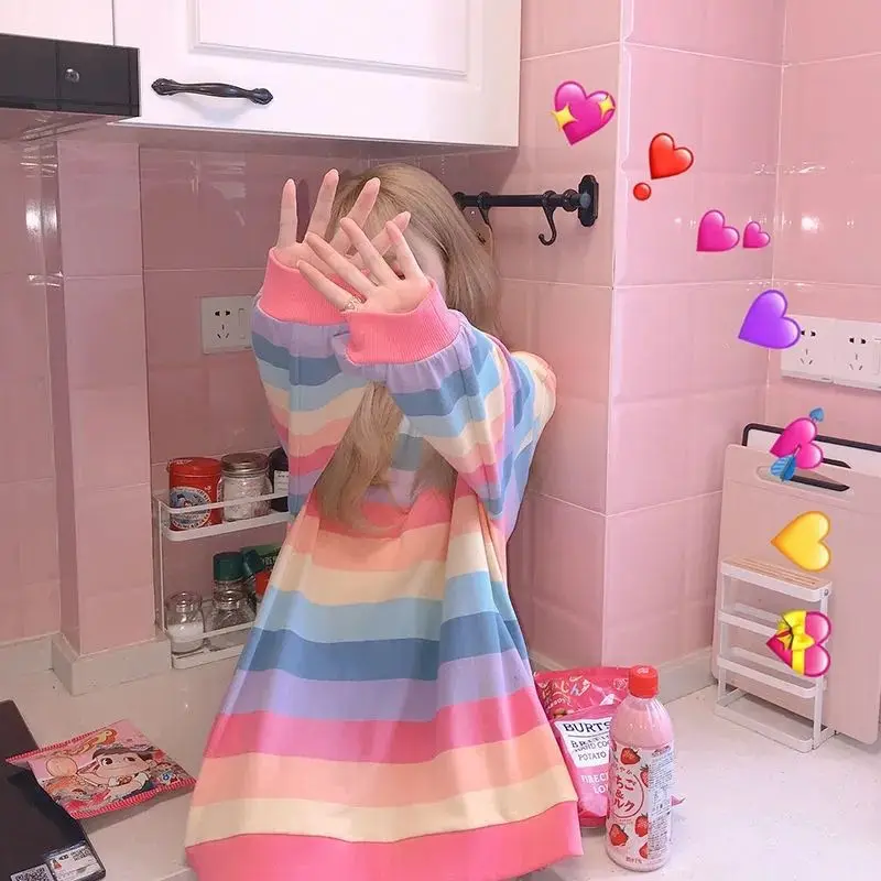 Women's Rainbow Striped Long-Sleeve Hoodless Jacket Harajuku Style Korean Version Loose Thin Shirt for Female Students