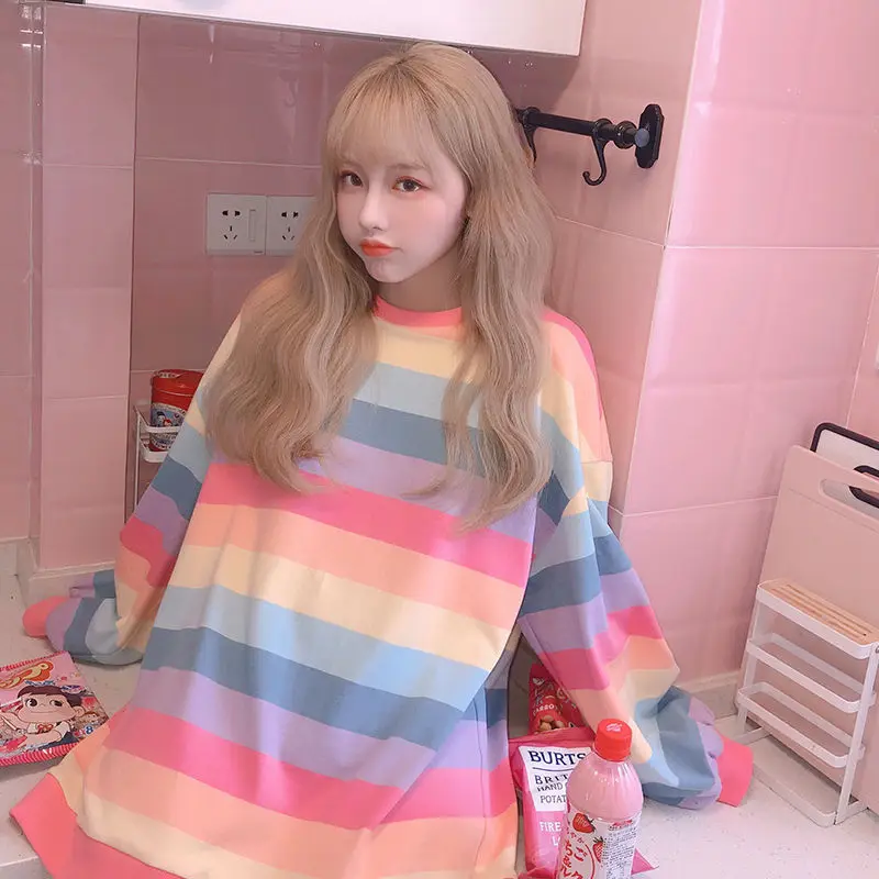 Women's Rainbow Striped Long-Sleeve Hoodless Jacket Harajuku Style Korean Version Loose Thin Shirt for Female Students