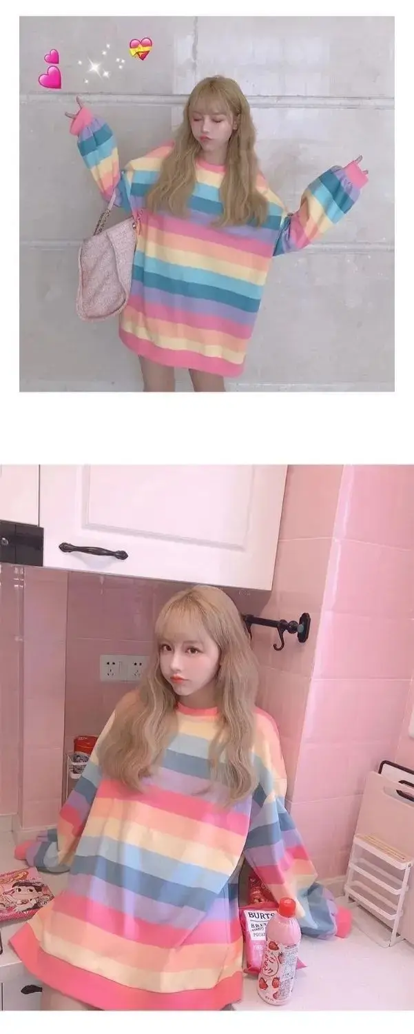 Women's Rainbow Striped Long-Sleeve Hoodless Jacket Harajuku Style Korean Version Loose Thin Shirt for Female Students