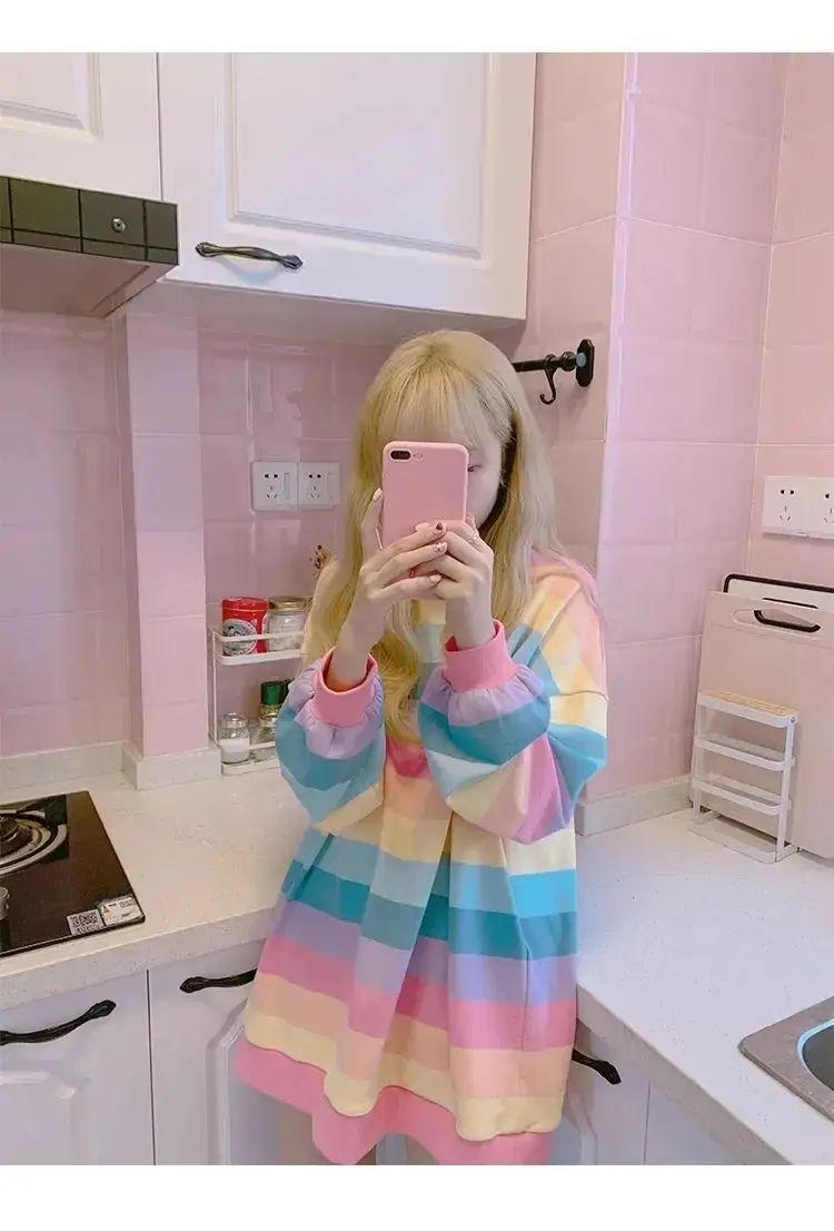 Women's Rainbow Striped Long-Sleeve Hoodless Jacket Harajuku Style Korean Version Loose Thin Shirt for Female Students