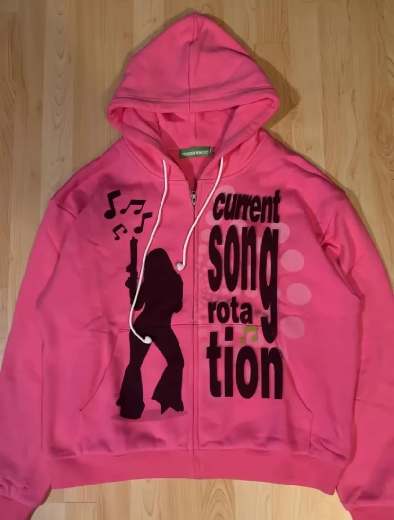 Women Sexy Pattern Print Zip Up Hoodies Women Long Sleeve Tops Loose Hood Shirt Harajuku Y2K Clothes Female Sweatshirt Jacket