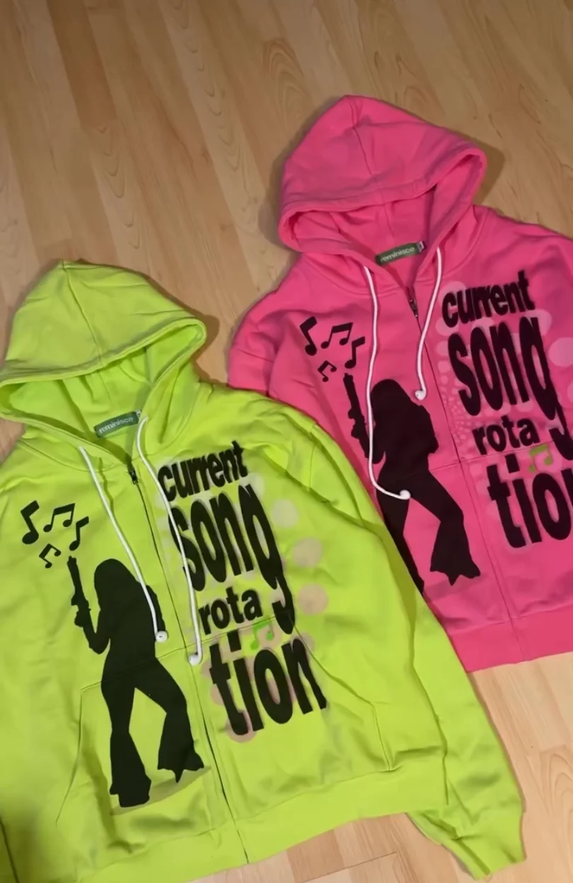 Women Sexy Pattern Print Zip Up Hoodies Women Long Sleeve Tops Loose Hood Shirt Harajuku Y2K Clothes Female Sweatshirt Jacket