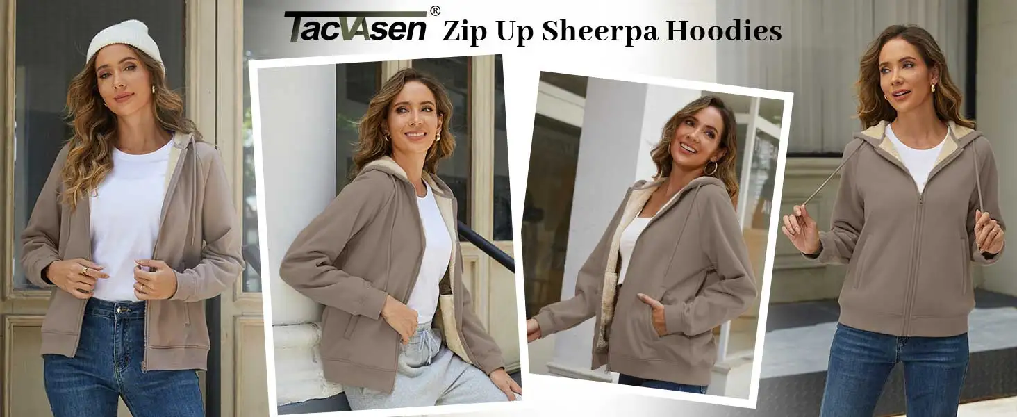 TACVASEN Women's Zip Up Sheerpa Hoodies Outdoor Sweatshirts Coats with Pockets Witner Warm Casual Fleece Lined Full-Zip Jackets