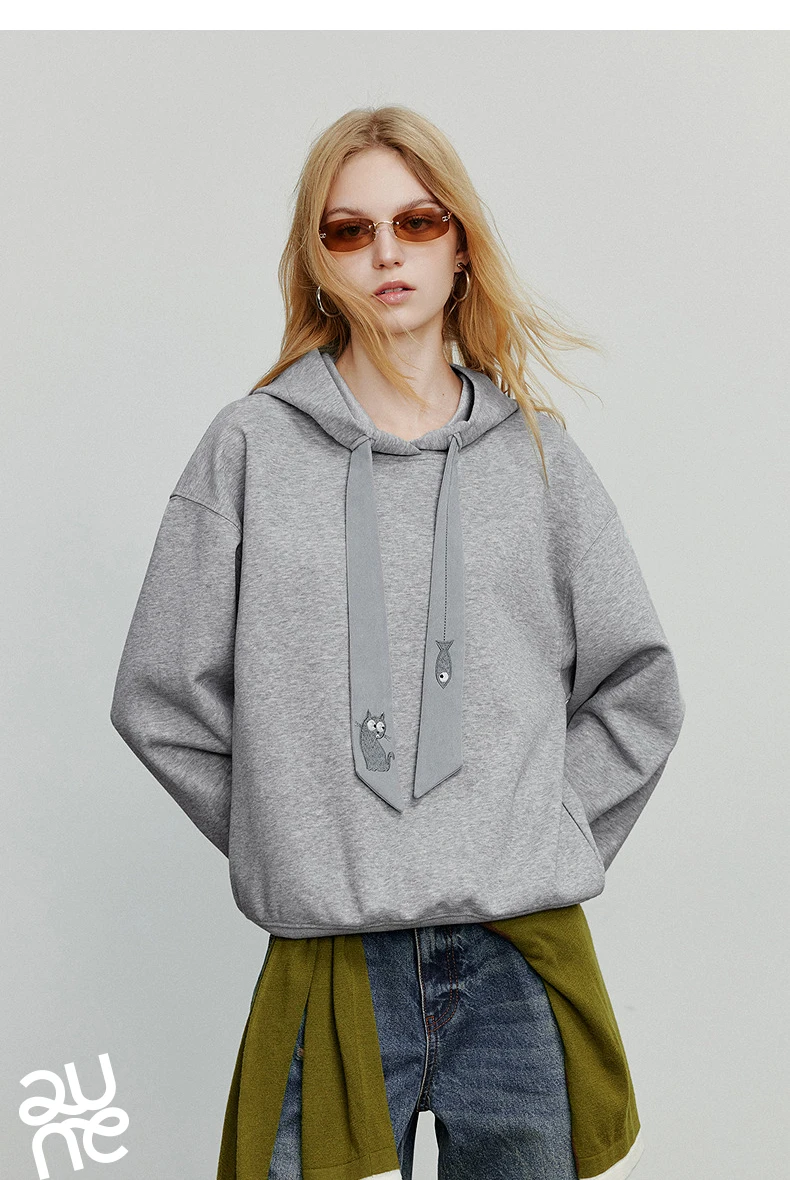 TOYOUTH Women Fleece-Lined Hooded Sweatshirts 2026 Spring New Cat Embroidery Tie Detail Warm Cozy Fleece Lining Tops