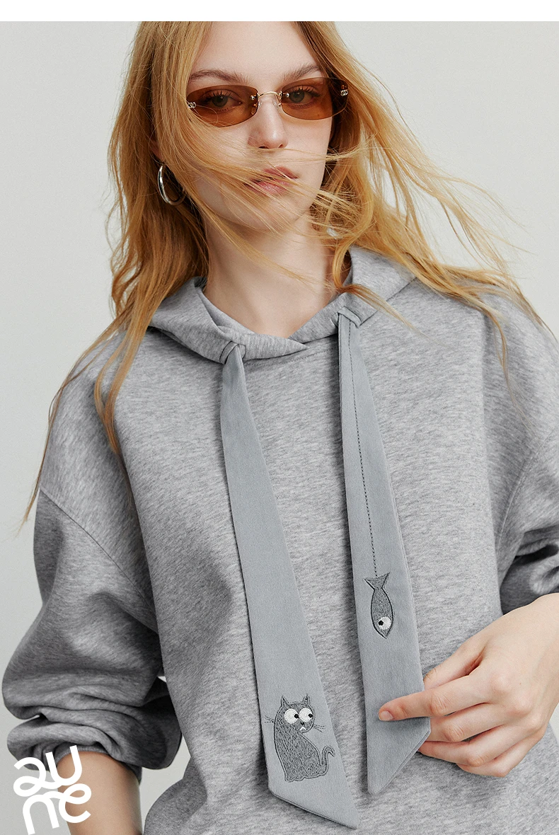 TOYOUTH Women Fleece-Lined Hooded Sweatshirts 2026 Spring New Cat Embroidery Tie Detail Warm Cozy Fleece Lining Tops