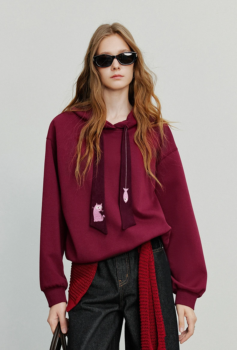 TOYOUTH Women Fleece-Lined Hooded Sweatshirts 2026 Spring New Cat Embroidery Tie Detail Warm Cozy Fleece Lining Tops