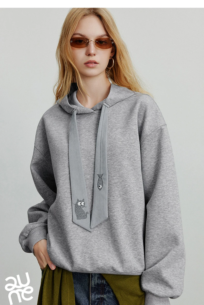 TOYOUTH Women Fleece-Lined Hooded Sweatshirts 2026 Spring New Cat Embroidery Tie Detail Warm Cozy Fleece Lining Tops