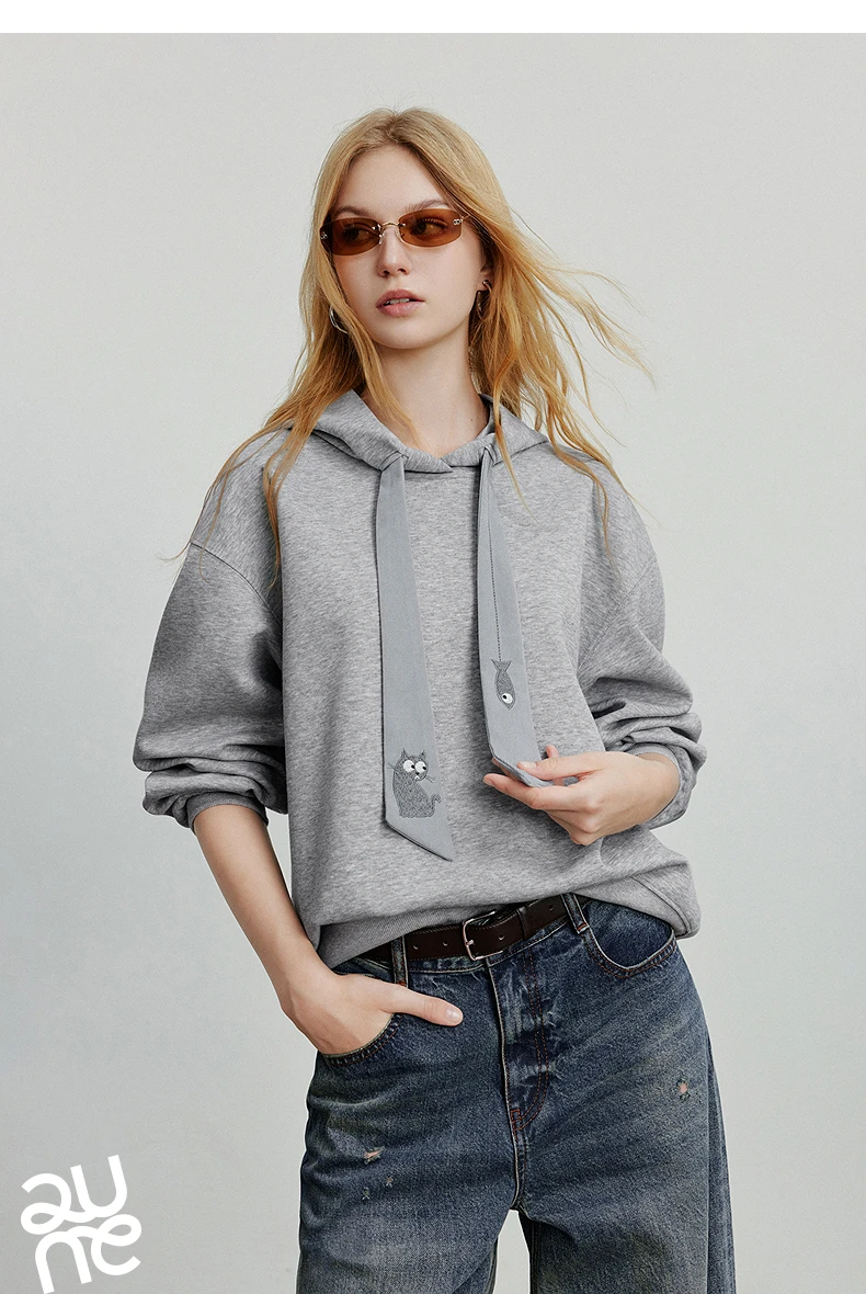 TOYOUTH Women Fleece-Lined Hooded Sweatshirts 2026 Spring New Cat Embroidery Tie Detail Warm Cozy Fleece Lining Tops