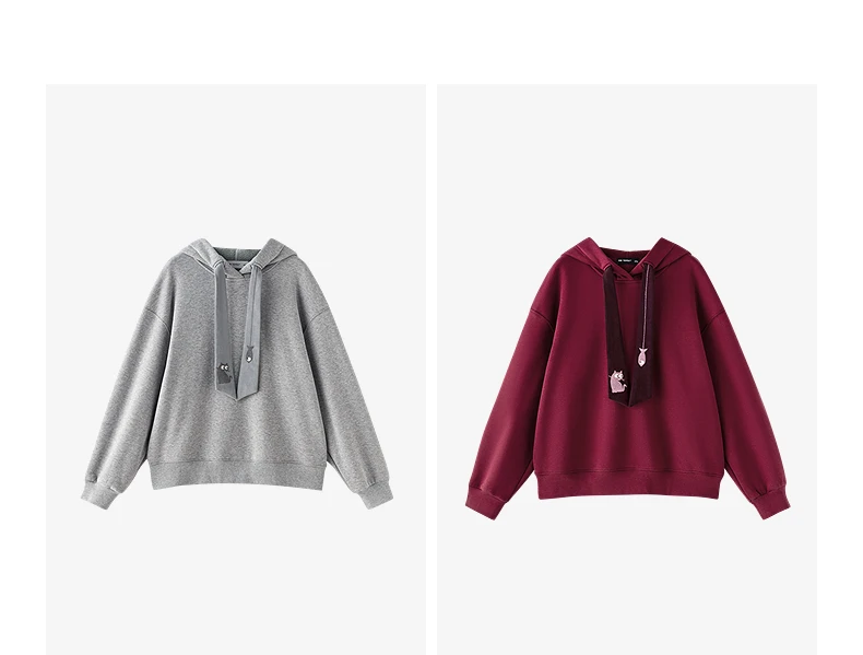 TOYOUTH Women Fleece-Lined Hooded Sweatshirts 2026 Spring New Cat Embroidery Tie Detail Warm Cozy Fleece Lining Tops