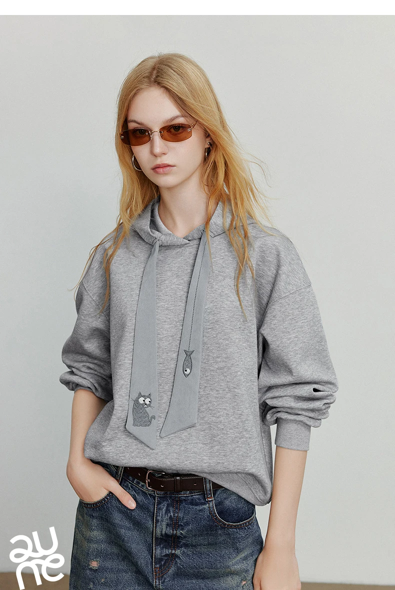 TOYOUTH Women Fleece-Lined Hooded Sweatshirts 2026 Spring New Cat Embroidery Tie Detail Warm Cozy Fleece Lining Tops