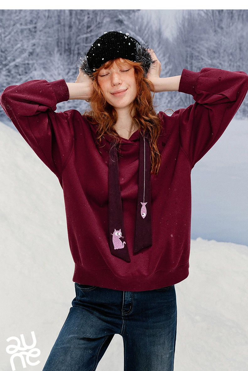 TOYOUTH Women Fleece-Lined Hooded Sweatshirts 2026 Spring New Cat Embroidery Tie Detail Warm Cozy Fleece Lining Tops