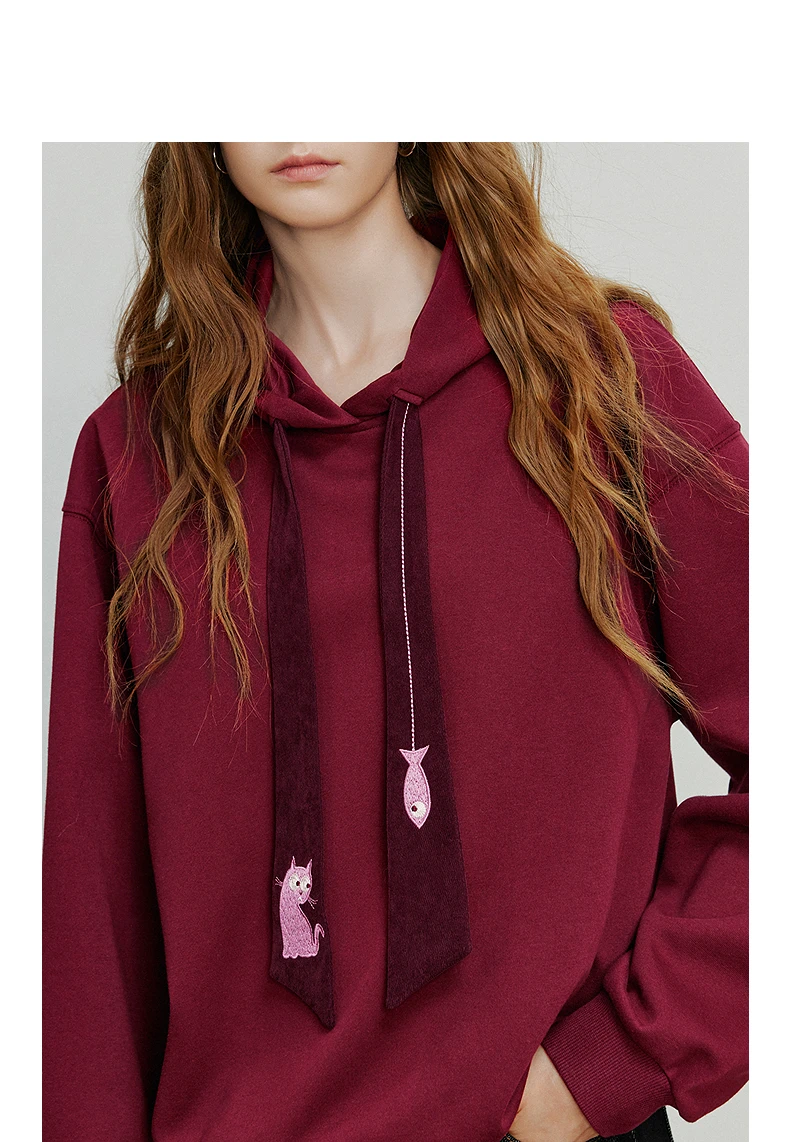 TOYOUTH Women Fleece-Lined Hooded Sweatshirts 2026 Spring New Cat Embroidery Tie Detail Warm Cozy Fleece Lining Tops