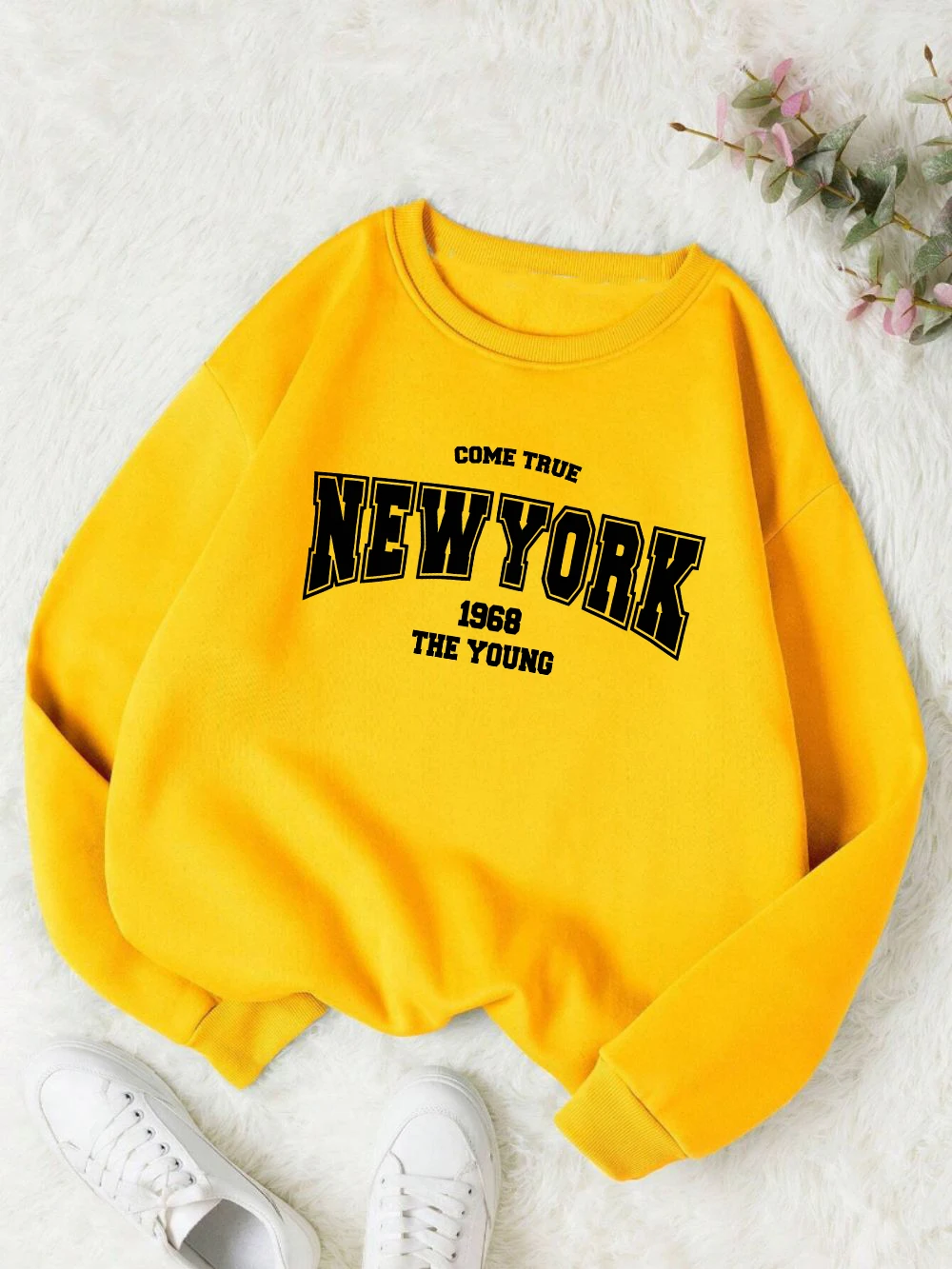 New York 1968 Women Sweatshirt Black Letter Print Sporty Hoodie Winter Casual Fleece Pullover Crewneck Red Hoody Street Clothing