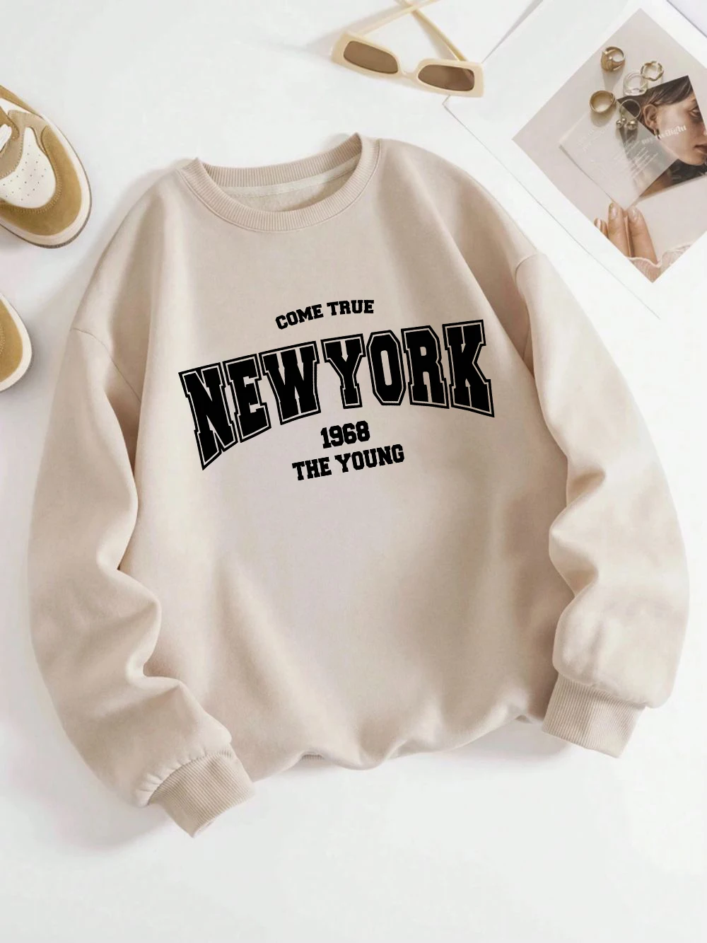 New York 1968 Women Sweatshirt Black Letter Print Sporty Hoodie Winter Casual Fleece Pullover Crewneck Red Hoody Street Clothing