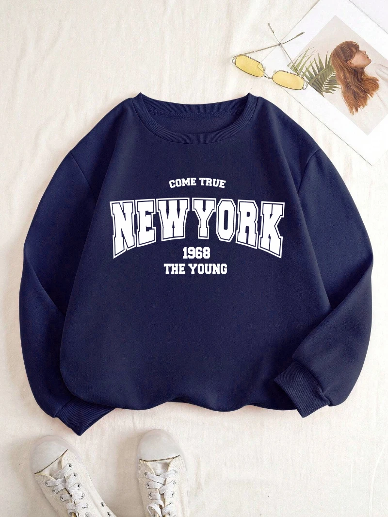New York 1968 Women Sweatshirt Black Letter Print Sporty Hoodie Winter Casual Fleece Pullover Crewneck Red Hoody Street Clothing