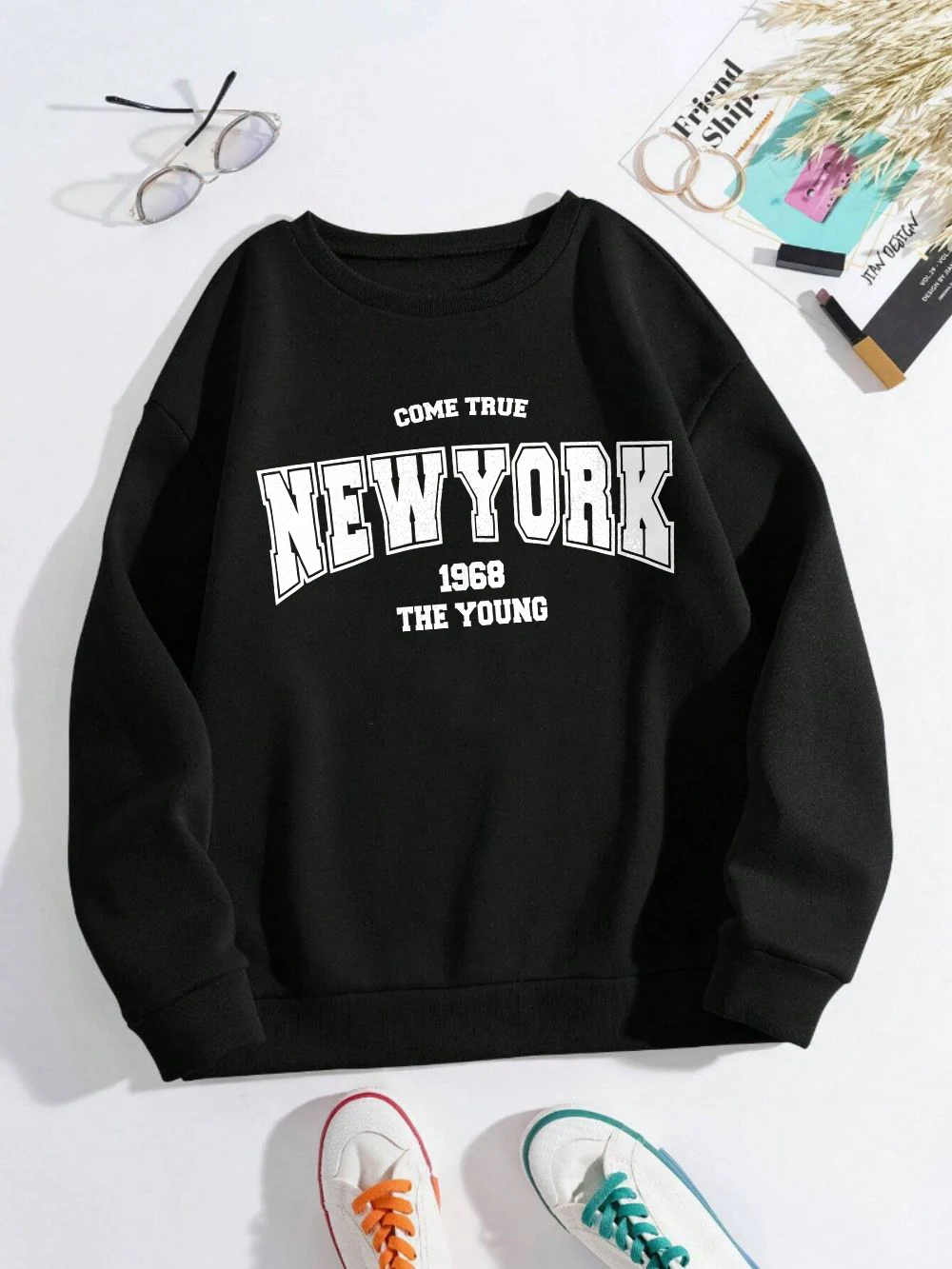 New York 1968 Women Sweatshirt Black Letter Print Sporty Hoodie Winter Casual Fleece Pullover Crewneck Red Hoody Street Clothing