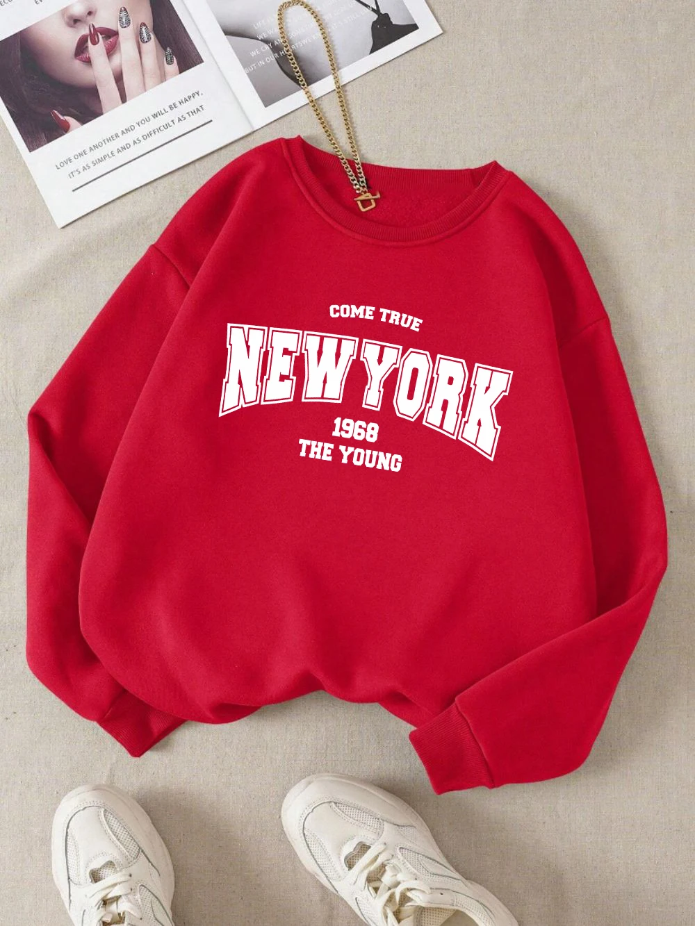 New York 1968 Women Sweatshirt Black Letter Print Sporty Hoodie Winter Casual Fleece Pullover Crewneck Red Hoody Street Clothing