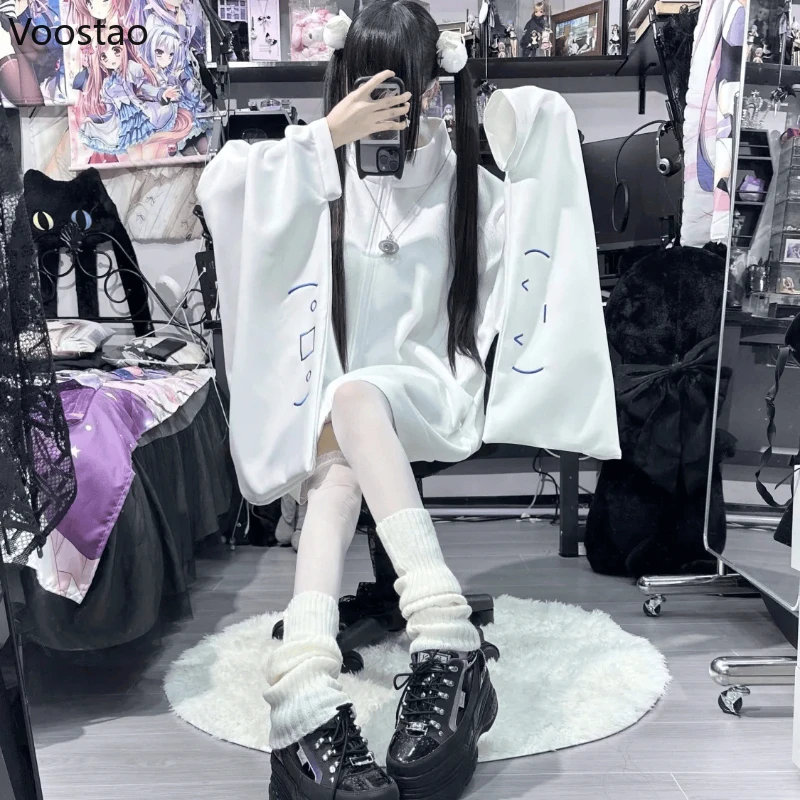 Japanese Kawaii White Hoodies Women Y2k Aesthetic Oversized Embroidery Jacket Harajuku Zipper Grunge Loose Sweatshirts Autumn