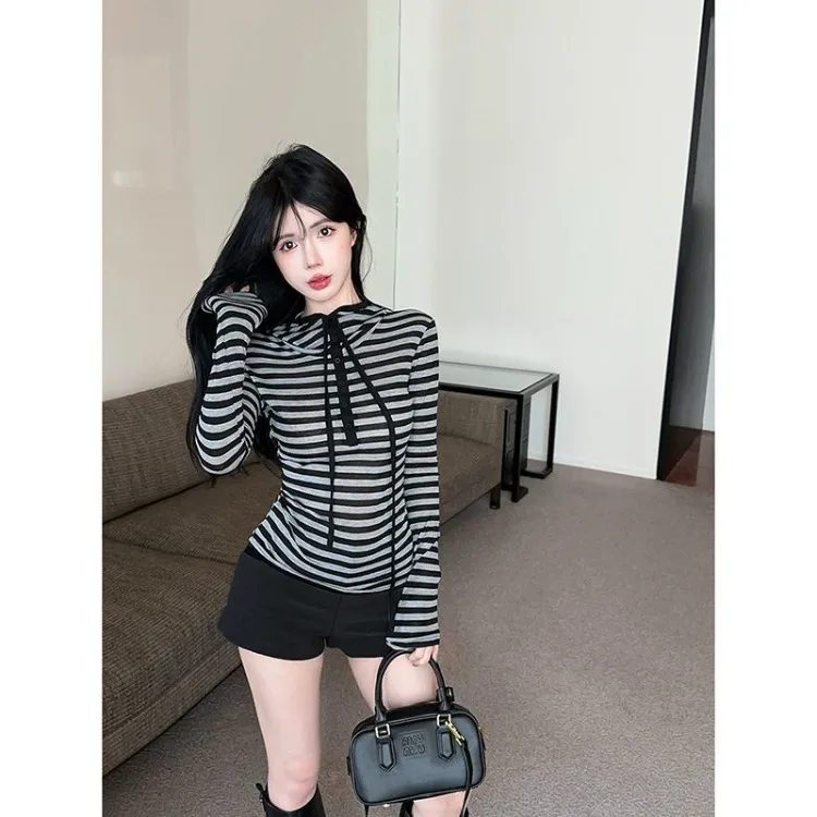 Korean Striped Hooded Sweatshirt for Women Spring Autumn New Bottoming Tops Vintage Subcultural Long Sleeve Pullovers