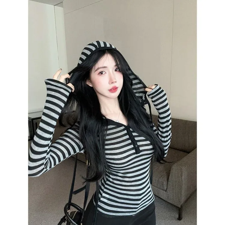 Korean Striped Hooded Sweatshirt for Women Spring Autumn New Bottoming Tops Vintage Subcultural Long Sleeve Pullovers