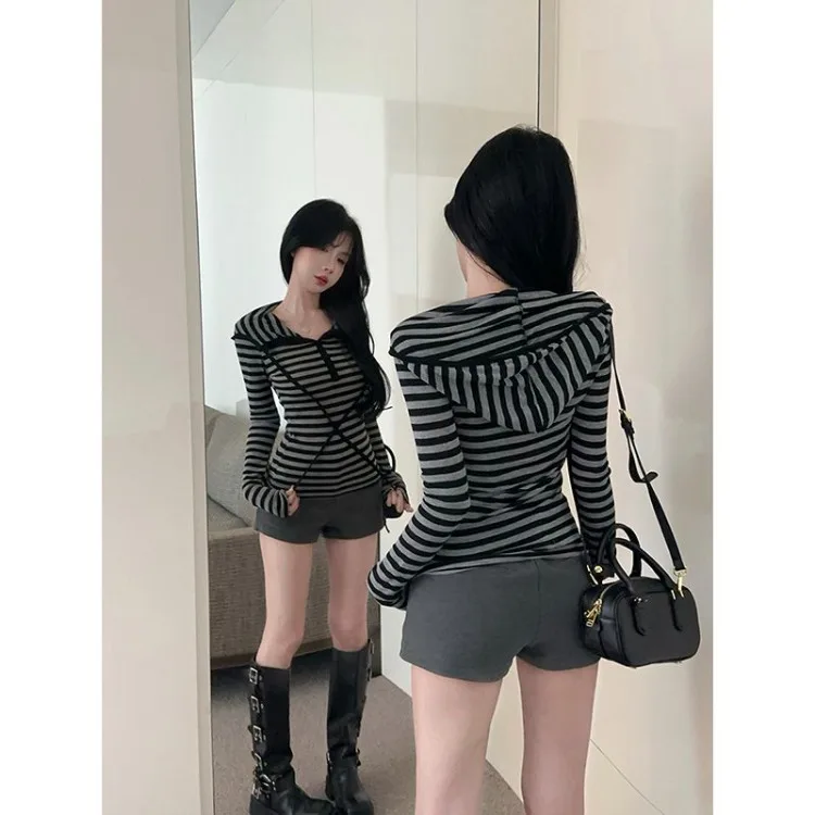 Korean Striped Hooded Sweatshirt for Women Spring Autumn New Bottoming Tops Vintage Subcultural Long Sleeve Pullovers