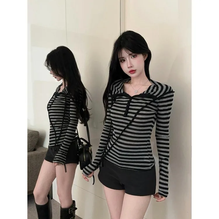 Korean Striped Hooded Sweatshirt for Women Spring Autumn New Bottoming Tops Vintage Subcultural Long Sleeve Pullovers
