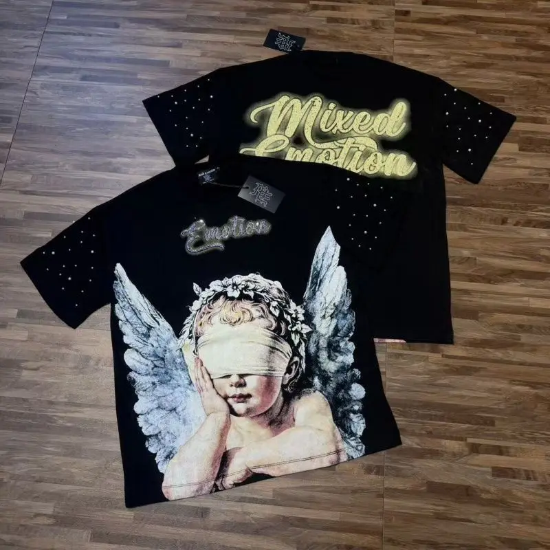 Mixed Emotion American Mask Wearing Angel Print Beaded Loose Short Sleeved T-shirt for couples Men Women Tee Tops