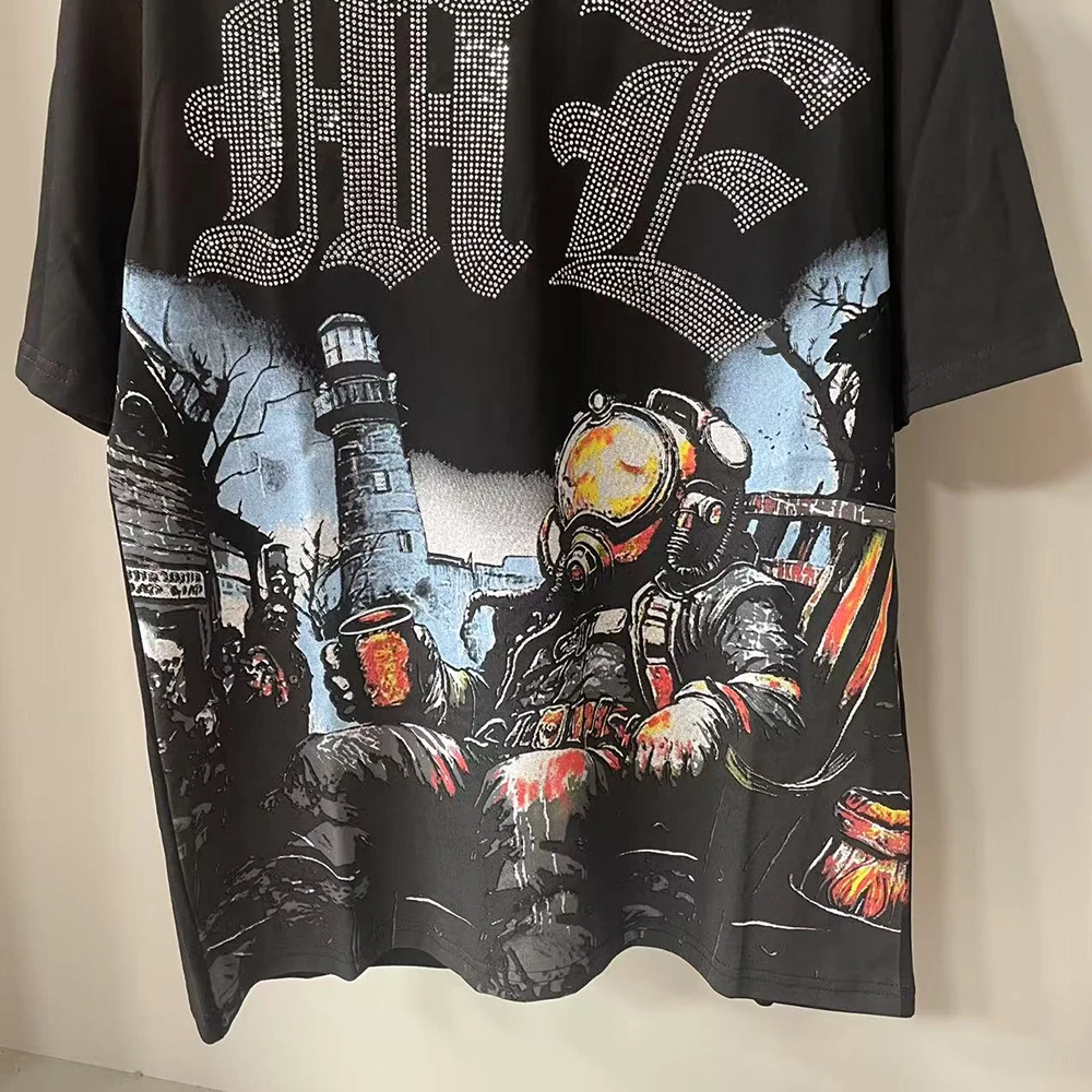 MIXED EMOTION Rhinestone Short Sleeve Men Women Tshirt Streetwear Cotton Loose Round Neck Top Tees Oversized Tee Top Trendy