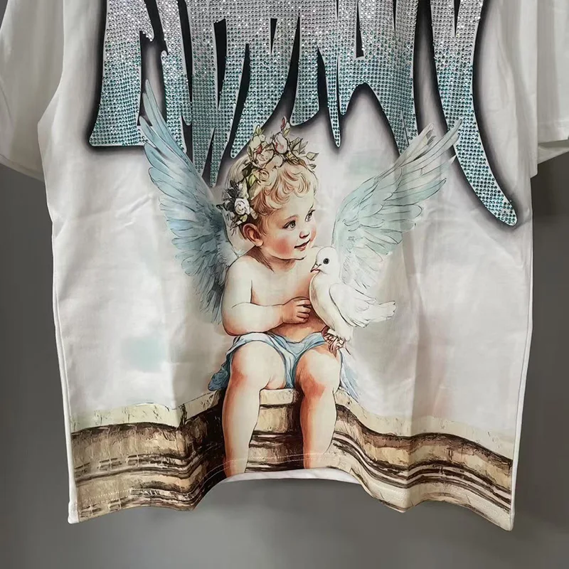 MIXED EMOTION Rhinestone Short Sleeve Men Women Tshirt Streetwear Cotton Loose Round Neck Top Tees Oversized Tee Top Trendy