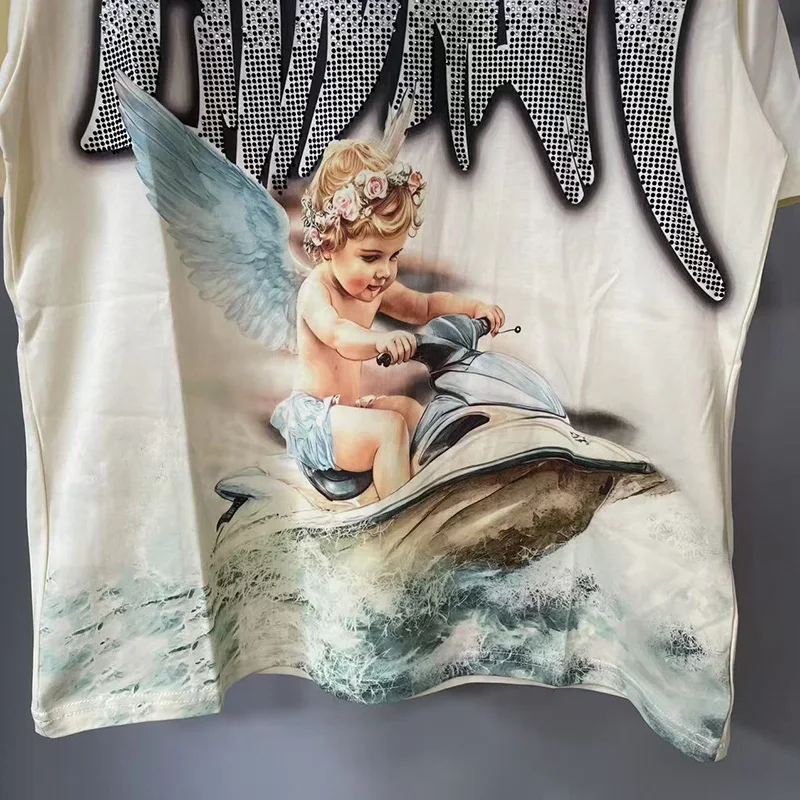 MIXED EMOTION Rhinestone Short Sleeve Men Women Tshirt Streetwear Cotton Loose Round Neck Top Tees Oversized Tee Top Trendy