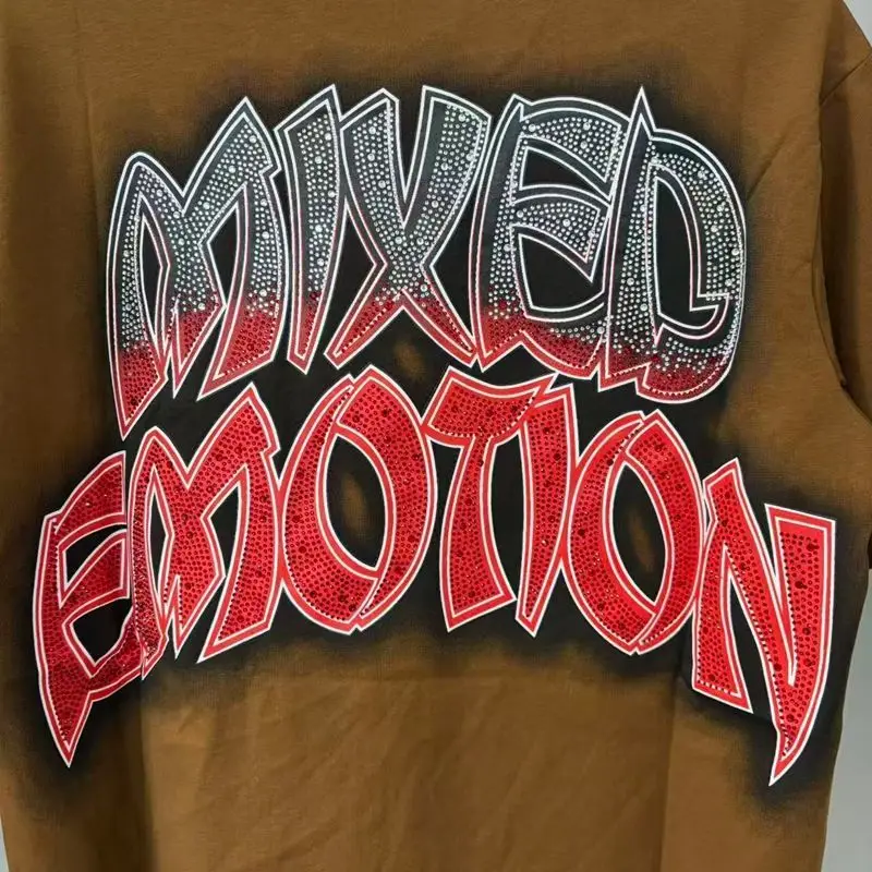 New Release RMIXED EMOTION Rhinestone Shirt Streetwear Cotton Loose Round Neck Top Tees Oversized Tee Top Trendy