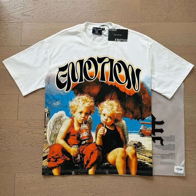 New Release RMIXED EMOTION Rhinestone Shirt Streetwear Cotton Loose Round Neck Top Tees Oversized Tee Top Trendy