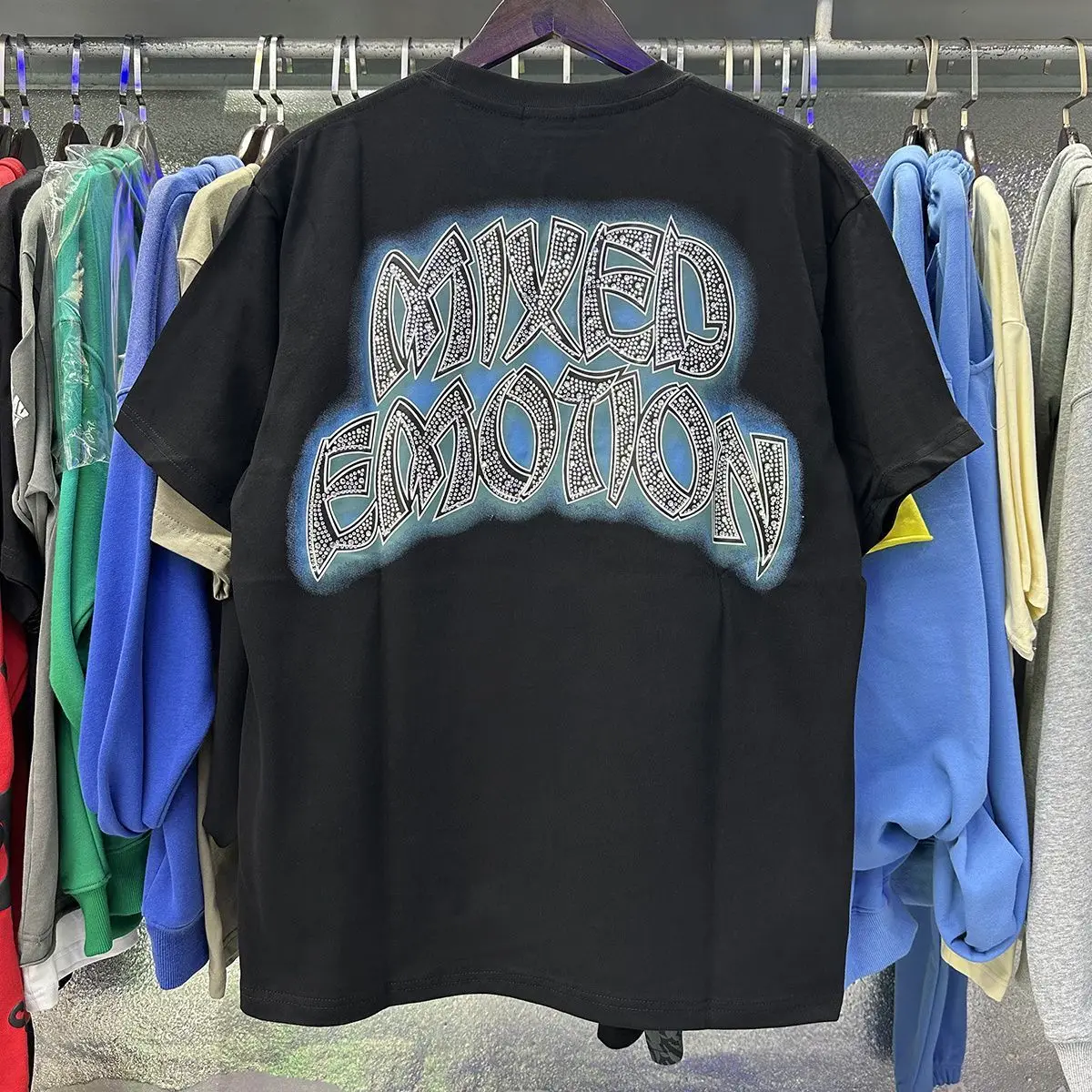 New Release RMIXED EMOTION Rhinestone Shirt Streetwear Cotton Loose Round Neck Top Tees Oversized Tee Top Trendy