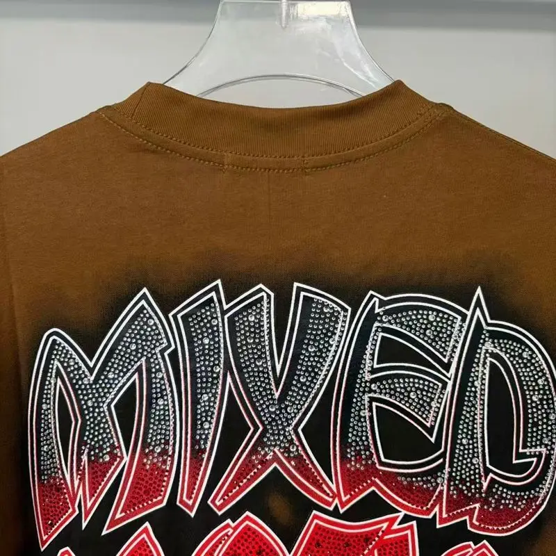 New Release RMIXED EMOTION Rhinestone Shirt Streetwear Cotton Loose Round Neck Top Tees Oversized Tee Top Trendy