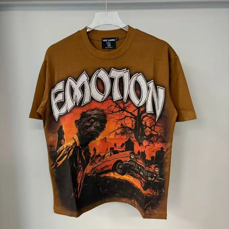New Release RMIXED EMOTION Rhinestone Shirt Streetwear Cotton Loose Round Neck Top Tees Oversized Tee Top Trendy