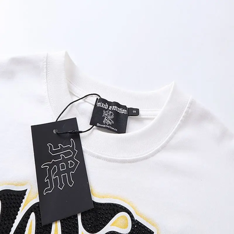 New Release RMIXED EMOTION Rhinestone Shirt Streetwear Cotton Loose Round Neck Top Tees Oversized Tee Top Trendy