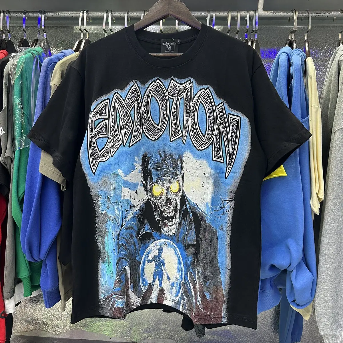 New Release RMIXED EMOTION Rhinestone Shirt Streetwear Cotton Loose Round Neck Top Tees Oversized Tee Top Trendy