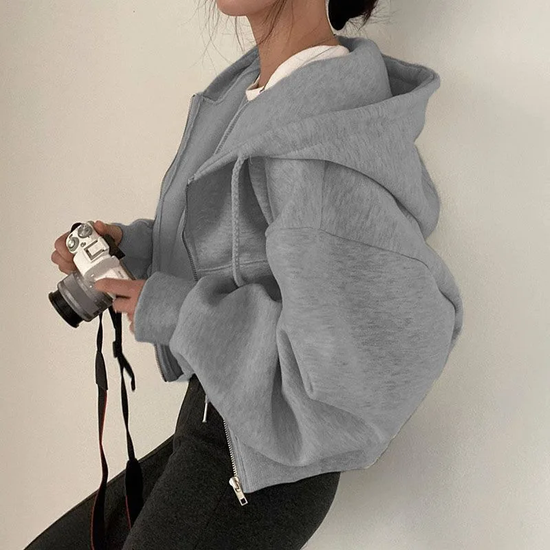 Korean Hood Shirt Women Fashion Fleece Lined Loose Hoodies Zipper Long Sleeve Crop Tops Harajuku Female Jackets Coats Sweatshirt
